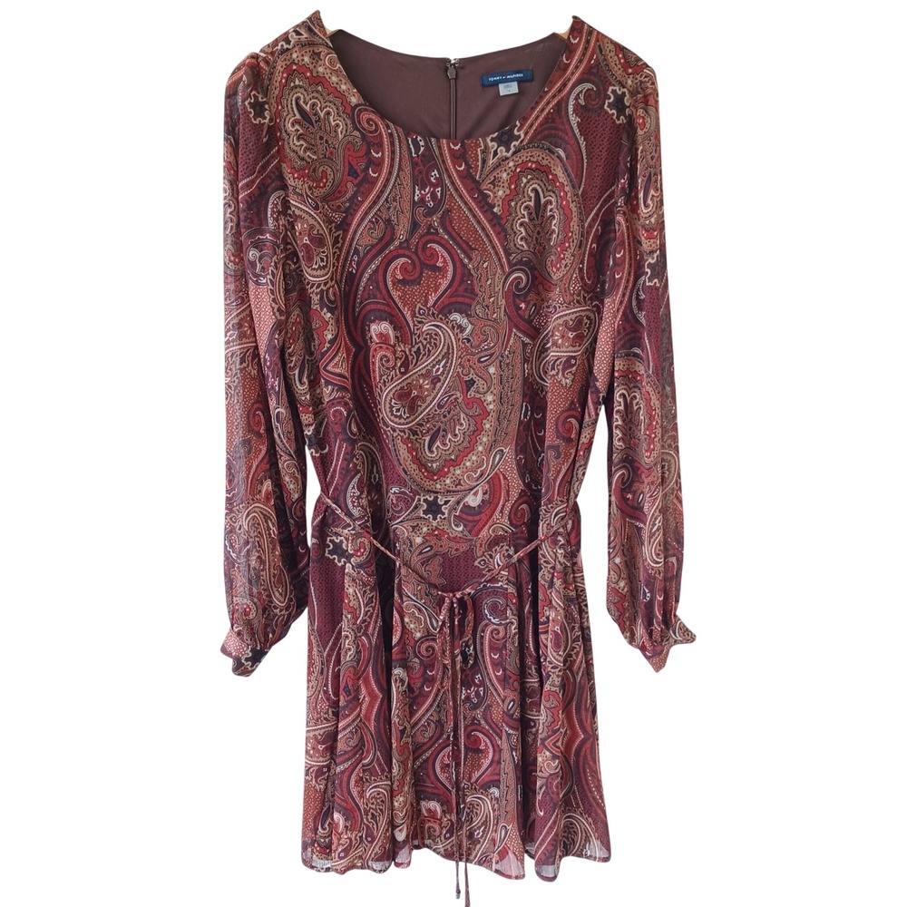 Tommy Hilfiger Womens Paisley Long Sleeve Mini Dress Burgundy Brown Size 14
